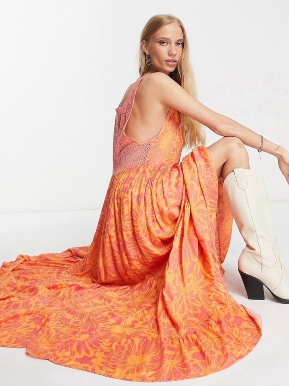 Free People | European Summer Tiers for You Printef Orange-Pink Maxi Dress Large - Picture 3 of 9